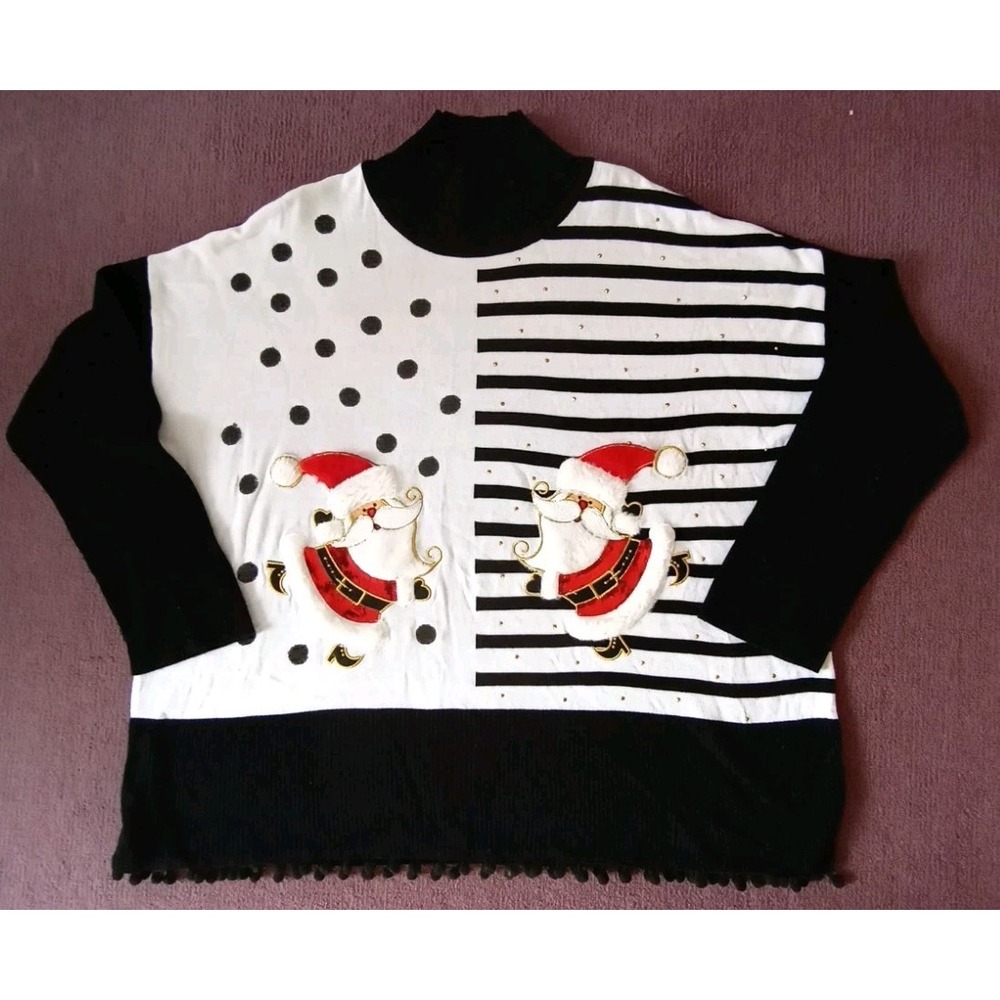 BEREK Santa Pullover Sweater Womens XL Black White Santa Poms‎ Sequin Turtleneck